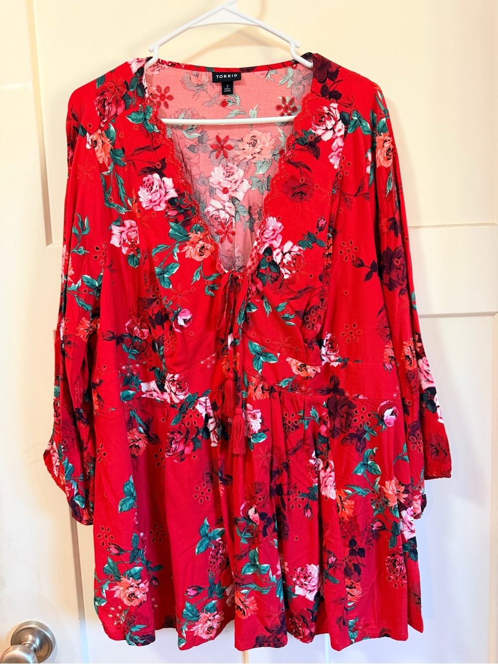 torrid Red Floral Peasant Tunic with Tie Front